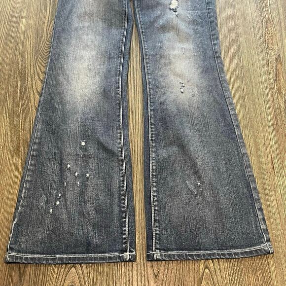 Rock 47 by Wrangler Flared Jeans Ultra Low Rise Distressed Stud Blue Size 7x34 - Picture 2 of 12